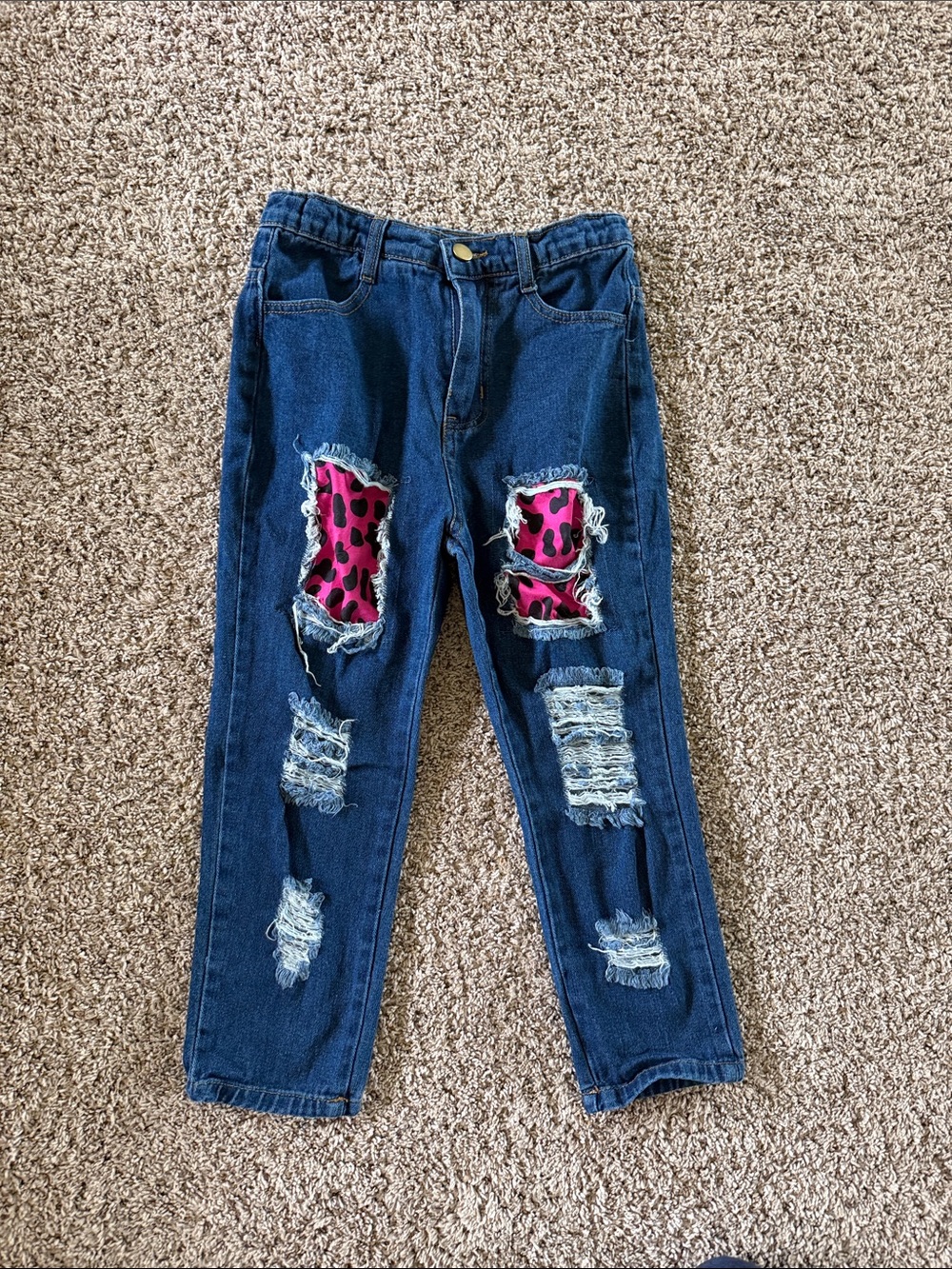 Dark Blue Distressed Jeans with Pink Leopard Patch